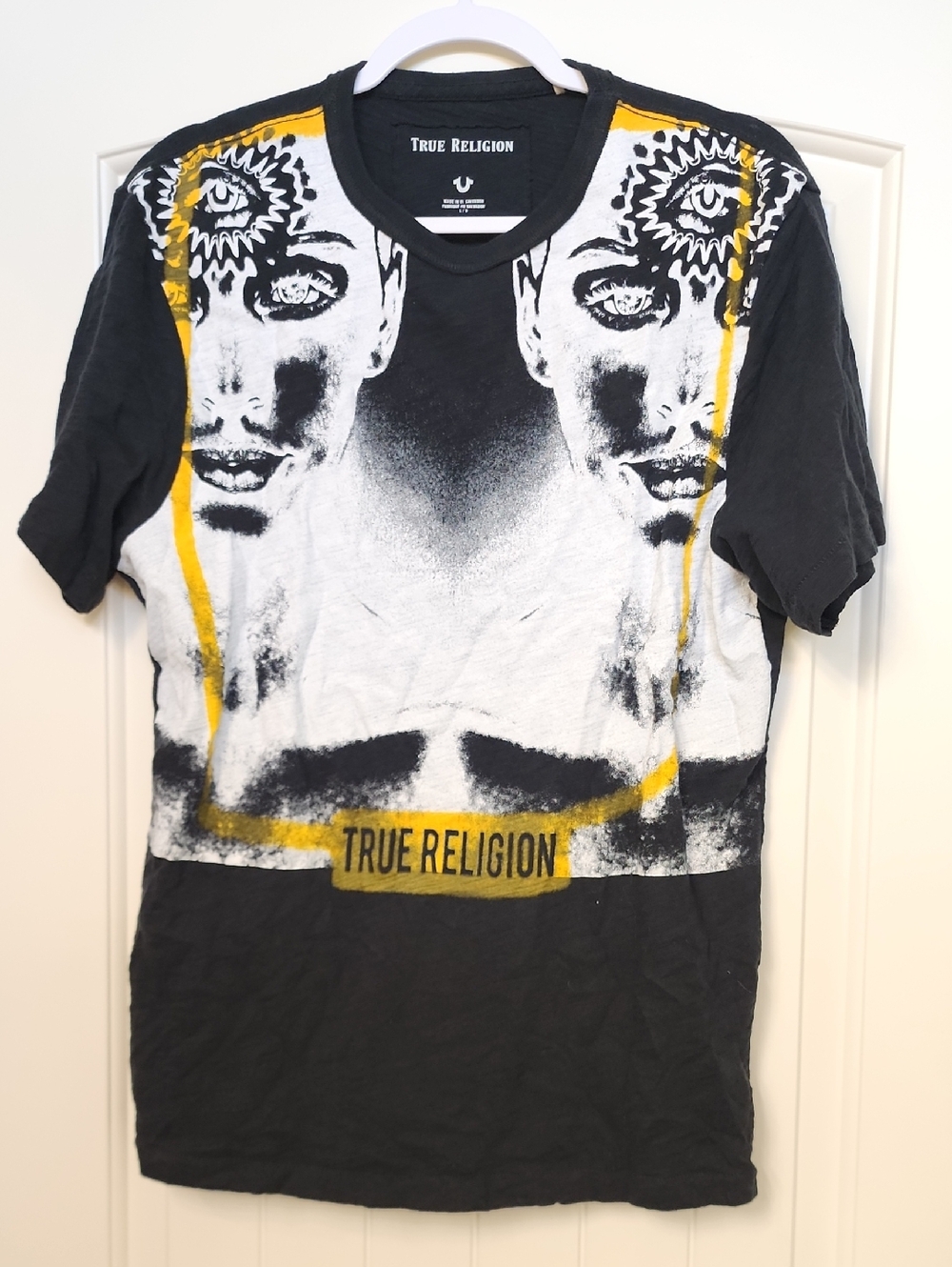 True Religion Black, White & Yellow Mirror-Graphic Short Sleeve Tee